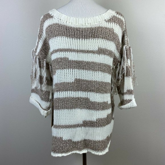 Sloane Rouge Sweater XS Fringe 3/4 Sleeve Wool Blend Striped Open Knit - Picture 5 of 11